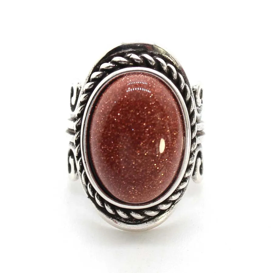 Vintage Crystal Oval Stone Rings For Men Women Natural Rose Quartz Amethyst Onyx Agate Gemstone Adjustable Finger Ring Jewelry