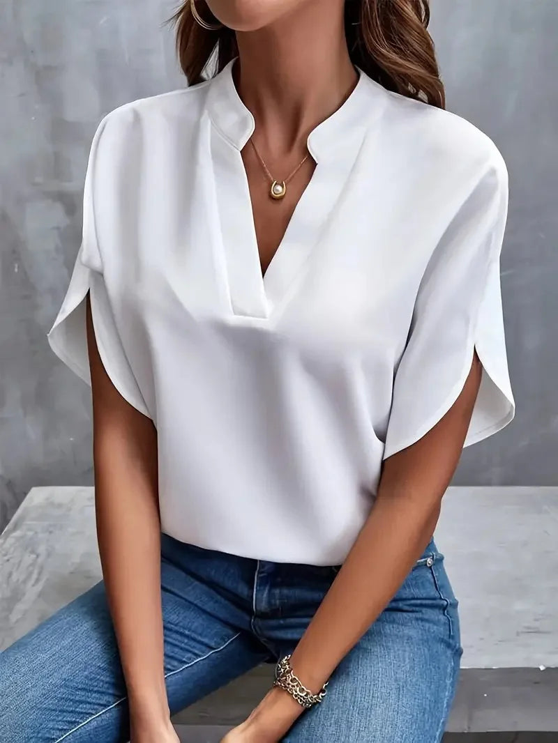 Women Casual Solid Blouse Women Fashion V-neck Half Sleeve Shirts Office Elegant Pullover Loose Blusas Tops