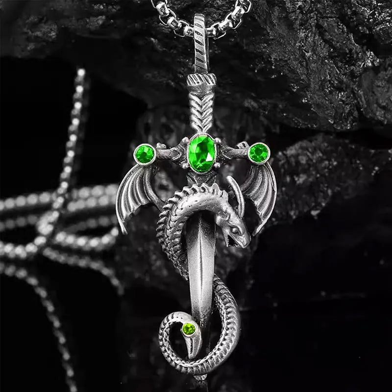 Vintage imitation gemstone dragon sword pendant necklace accessories stainless steel chain party birthday gift amulet