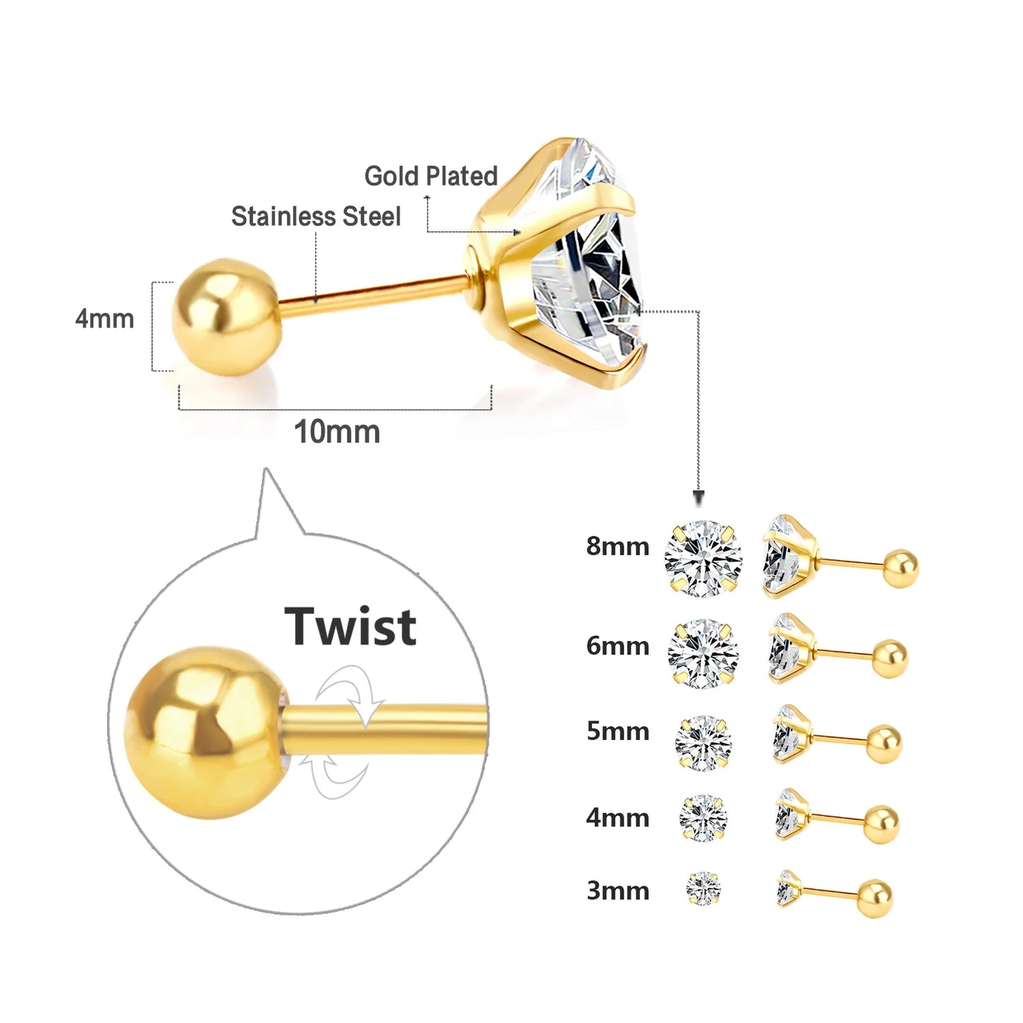 LUXUSTEEL 2Pcs Men's Crystal Zircon Studs Earrings For Women 316L Stainless Steel Cartilage Piercing Ear Anti Allergic 3-8mm