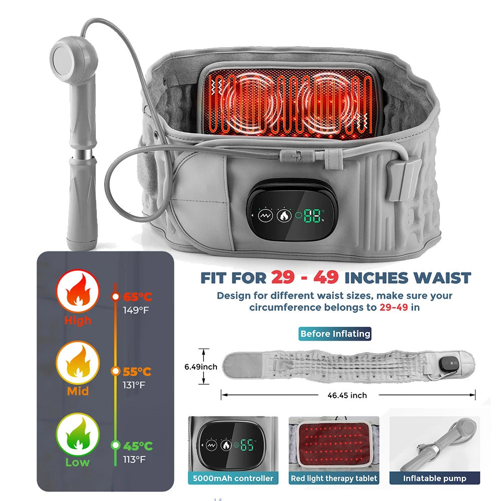 LED Red Light Massaging Heating Inflatable Waist Belt with Airbag Support for Back Pain Relief 3 Heating & Vibration Massage