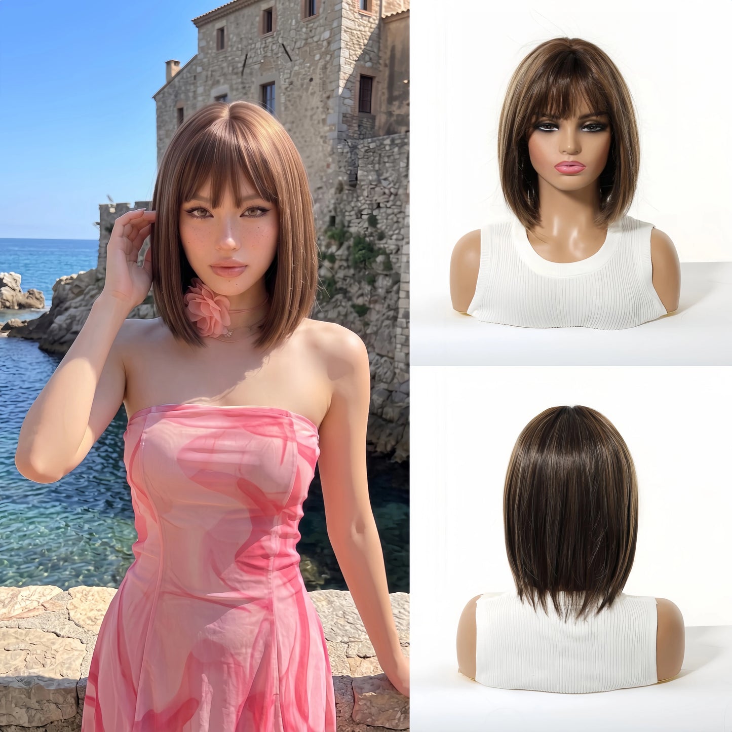 ALAN EATON Short Ombre Brown Synthetic Natural Bob Straight Wigs with Bang for Women Party Daily Use Heat Resistant Fiber
