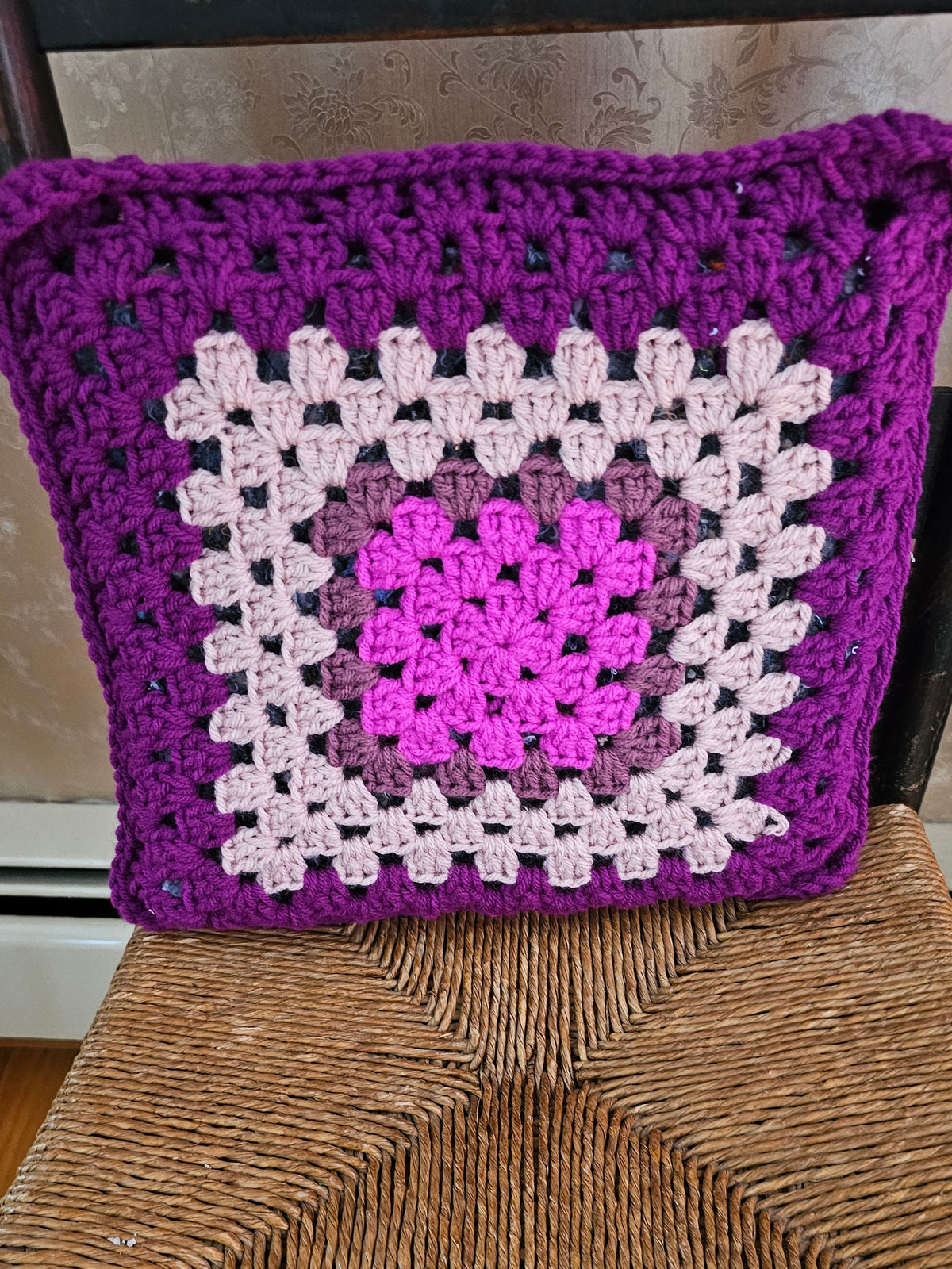 Small Crochet Pillow In Creams and Purples