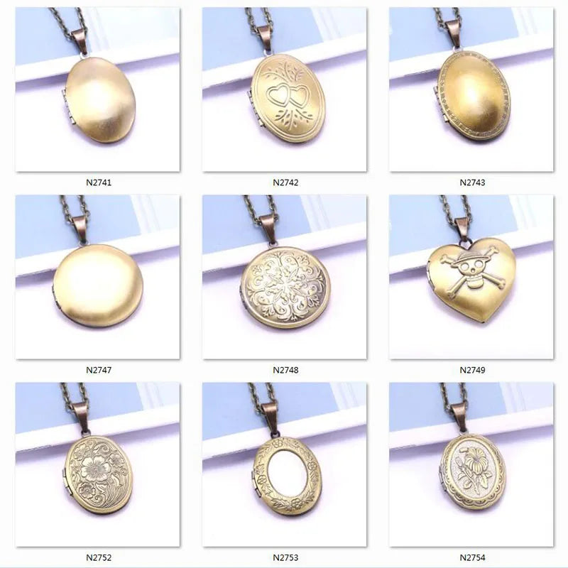 Unique Carved Design Copper Oval Photo Frame Pendant Necklace Charm Openable Locket Necklaces Women Men Memorial Jewelry