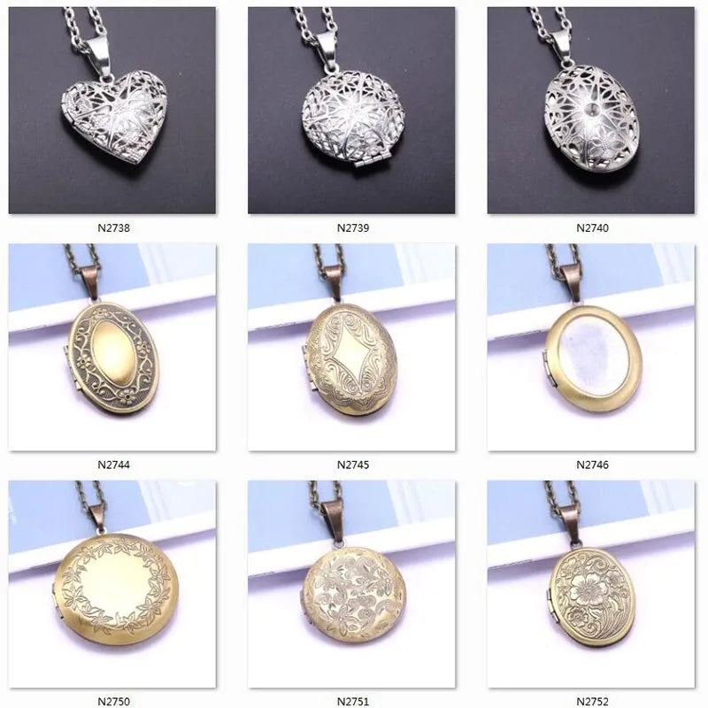 Unique Carved Design Copper Oval Photo Frame Pendant Necklace Charm Openable Locket Necklaces Women Men Memorial Jewelry