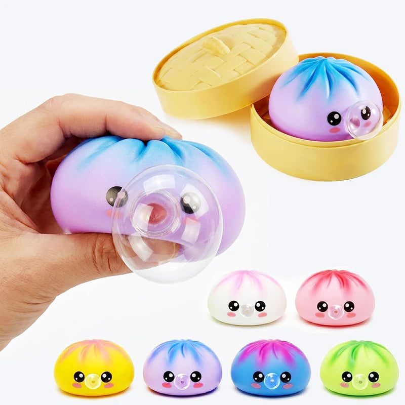 Dumpling Squeeze Blow Bubbles Toy Dumpling Squishies Set with Steamer Bubble-Blowing Squishies Stretchy Fidget Sensory