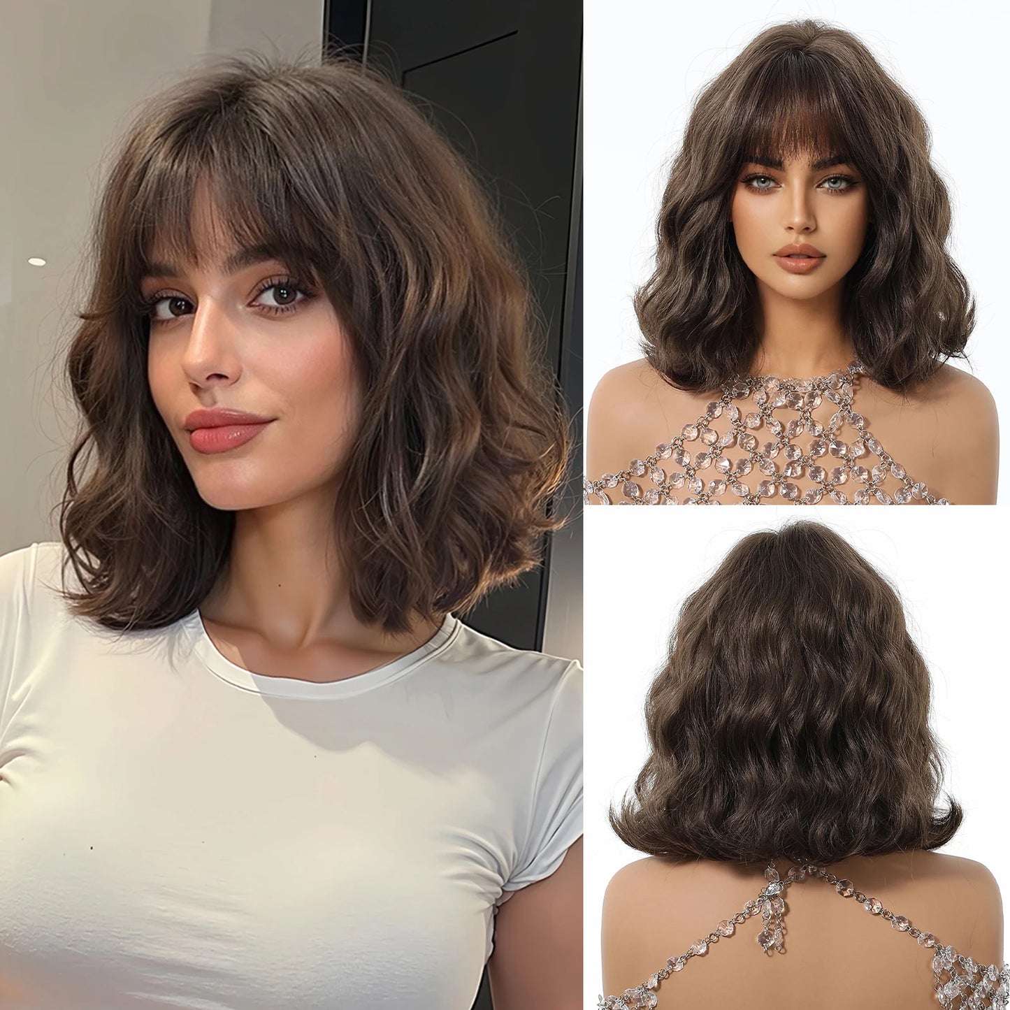 Honey Brown Synthetic Wigs Short Wavy Wig For Women Cosplay Party Daily Natural Fake Hair With Bangs Lolita Wig Heat Resistant