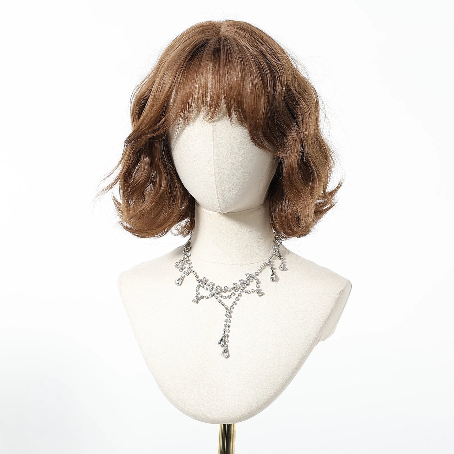 Honey Brown Synthetic Wigs Short Wavy Wig For Women Cosplay Party Daily Natural Fake Hair With Bangs Lolita Wig Heat Resistant