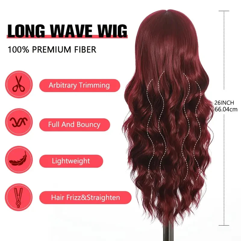 Red Wine Color Synthetic Wig with Long Curly Hair and Bangs for Daily Party Use. Made of High-Temperature Hair Fiber.