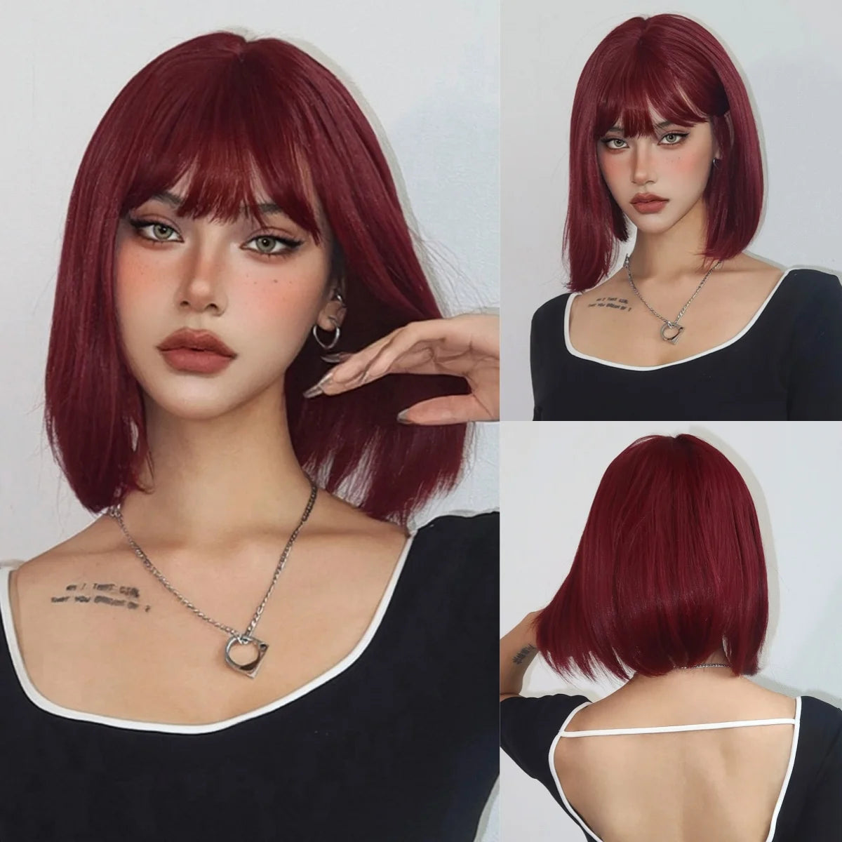ALAN EATON Short Ombre Brown Synthetic Natural Bob Straight Wigs with Bang for Women Party Daily Use Heat Resistant Fiber