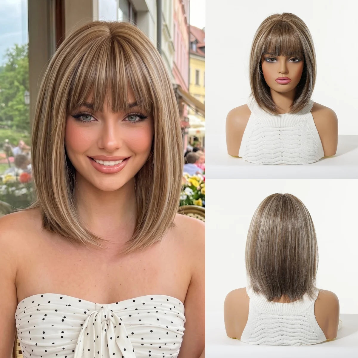 ALAN EATON Short Ombre Brown Synthetic Natural Bob Straight Wigs with Bang for Women Party Daily Use Heat Resistant Fiber