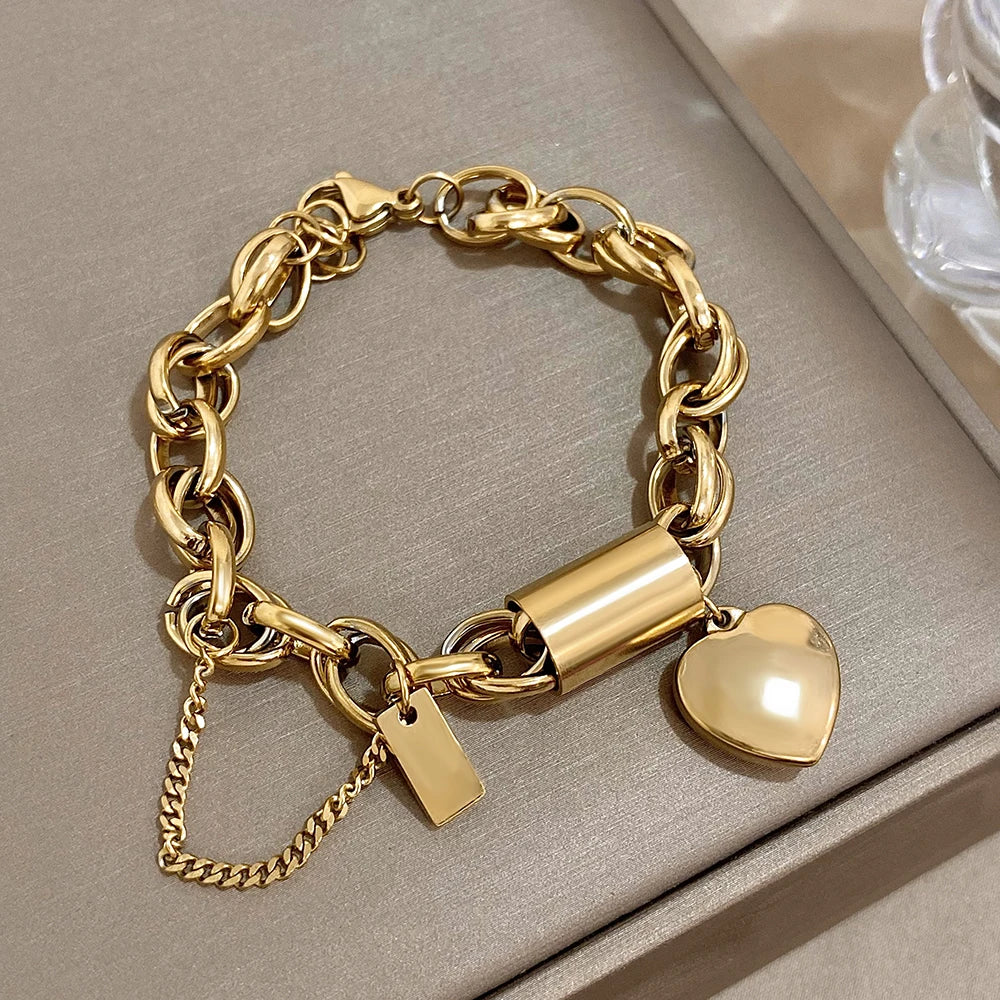 Heart Locket Stainless Steel Charm Bracelet Chunky Gold Plated