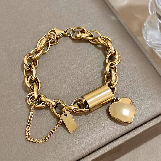 Heart Locket Stainless Steel Charm Bracelet Chunky Gold Plated