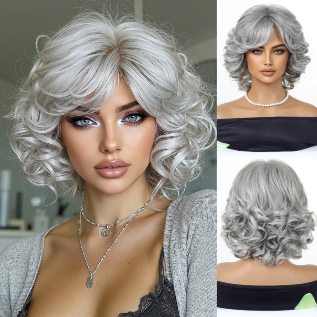 Platinum Blonde Short Wavy Bob Wig with Bangs Heat Resistant Synthetic Fiber Wig for Women Natural Looking Daily Party Cosplay