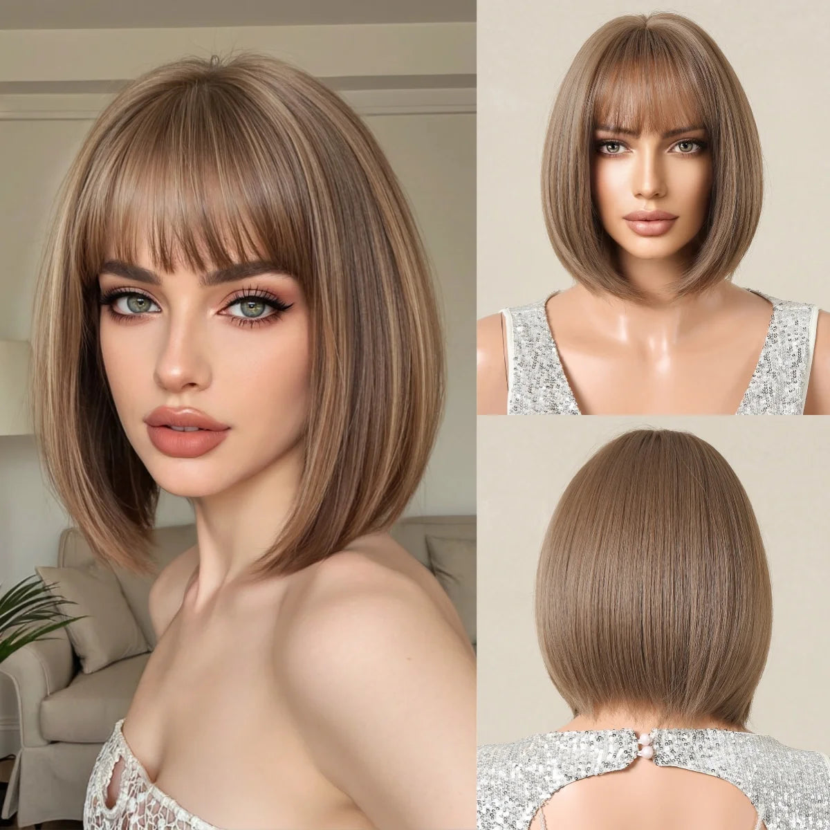 ALAN EATON Short Ombre Brown Synthetic Natural Bob Straight Wigs with Bang for Women Party Daily Use Heat Resistant Fiber