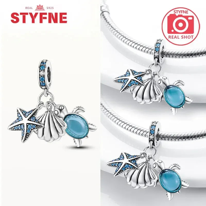925 Sterling Silver Ocean Series Blue Turtle Starfish Shell Fit Original Bracelet Charms for Women diy Fine Jewelry Gifts
