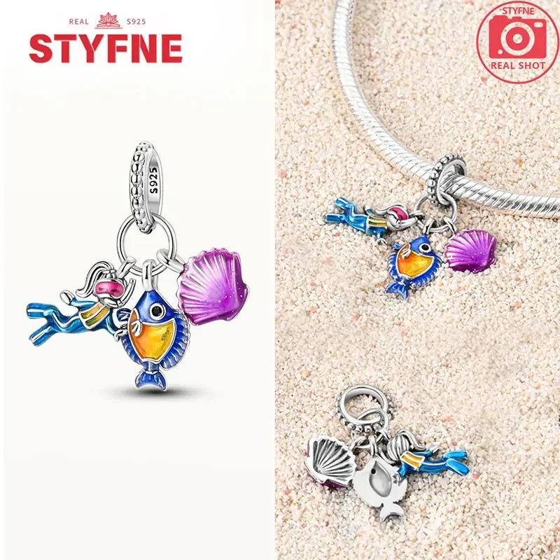 925 Sterling Silver Ocean Series Blue Turtle Starfish Shell Fit Original Bracelet Charms for Women diy Fine Jewelry Gifts