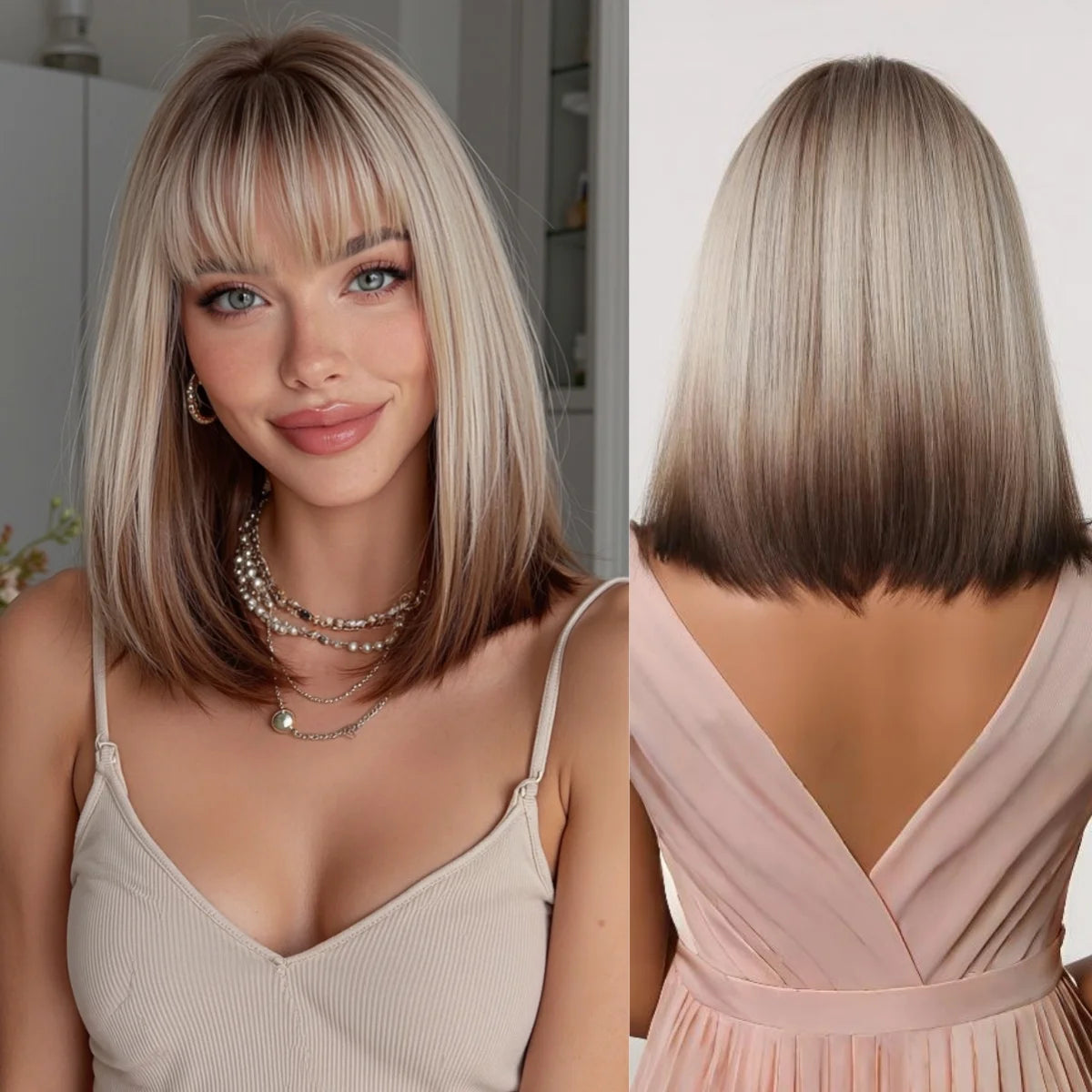 Platinum Blonde Ombre Middle Part Short Straight Bob Synthetic Wig for Women Heat Resistant Hair for Daily Party Cosplay