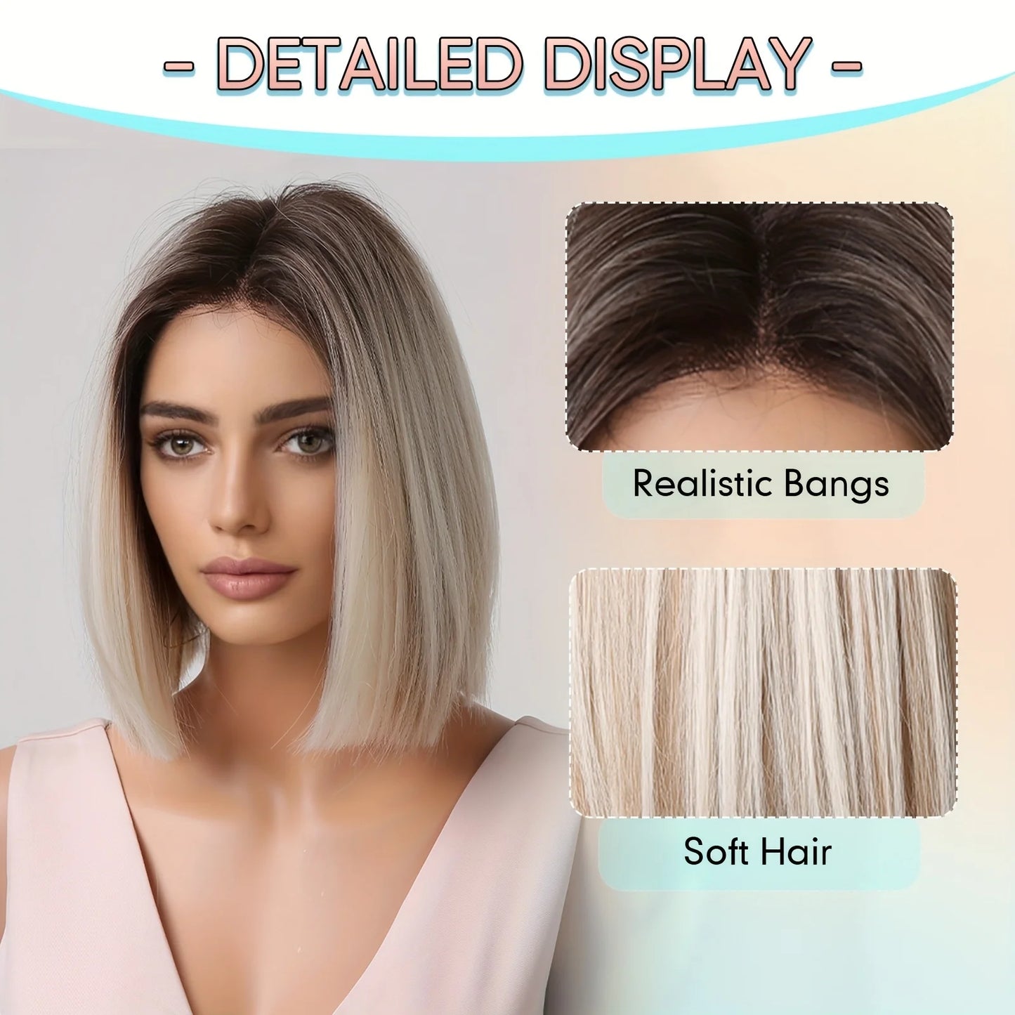 Platinum Blonde Ombre Middle Part Short Straight Bob Synthetic Wig for Women Heat Resistant Hair for Daily Party Cosplay