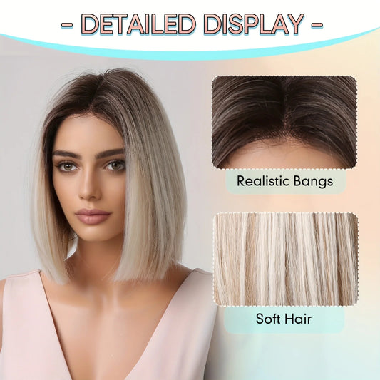 Platinum Blonde Ombre Middle Part Short Straight Bob Synthetic Wig for Women Heat Resistant Hair for Daily Party Cosplay