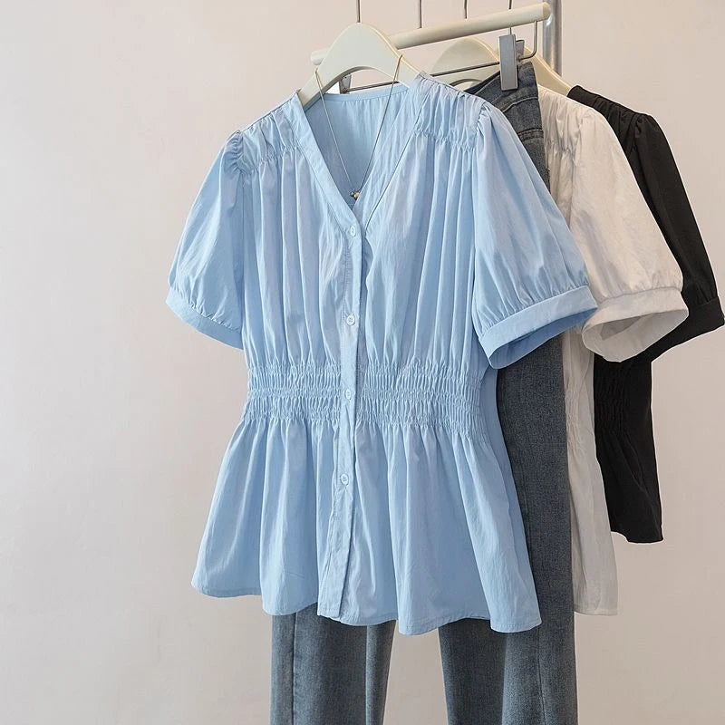 Plus Size Elastic Waist Trend Shirt And Blouse Solid Color Top Women Clothing V-neck French Chic Basics