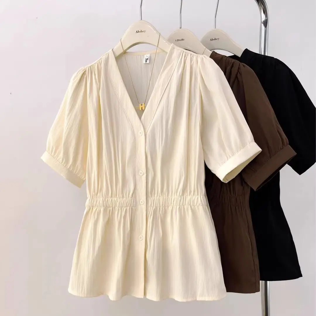 Plus Size Elastic Waist Trend Shirt And Blouse Solid Color Top Women Clothing V-neck French Chic Basics