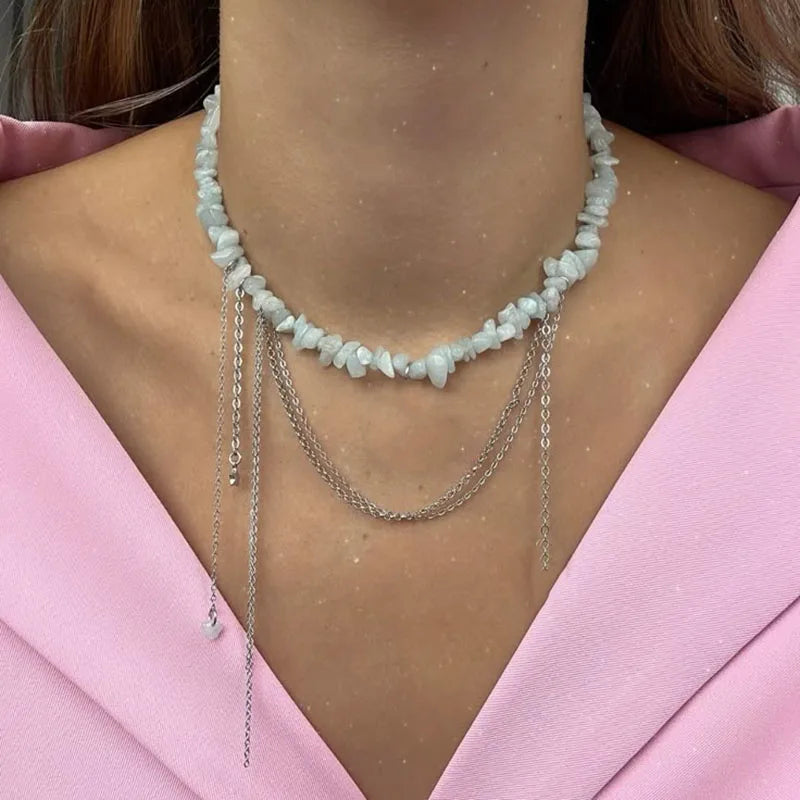 Elegant Multilayer Tassel Chain Pendant Necklace For Women Vintage Creative Natural Blue Stone Chocker Necklace Wedding Jewelry