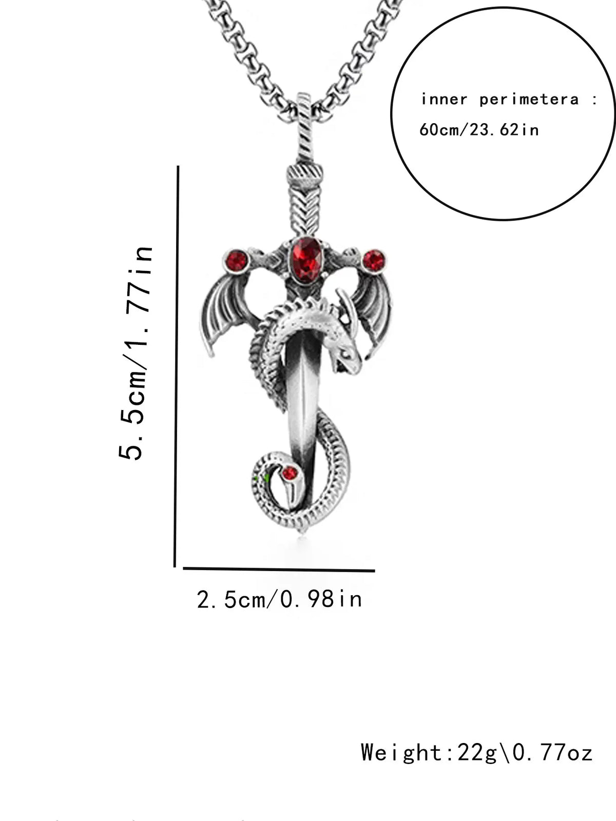 Vintage imitation gemstone dragon sword pendant necklace accessories stainless steel chain party birthday gift amulet