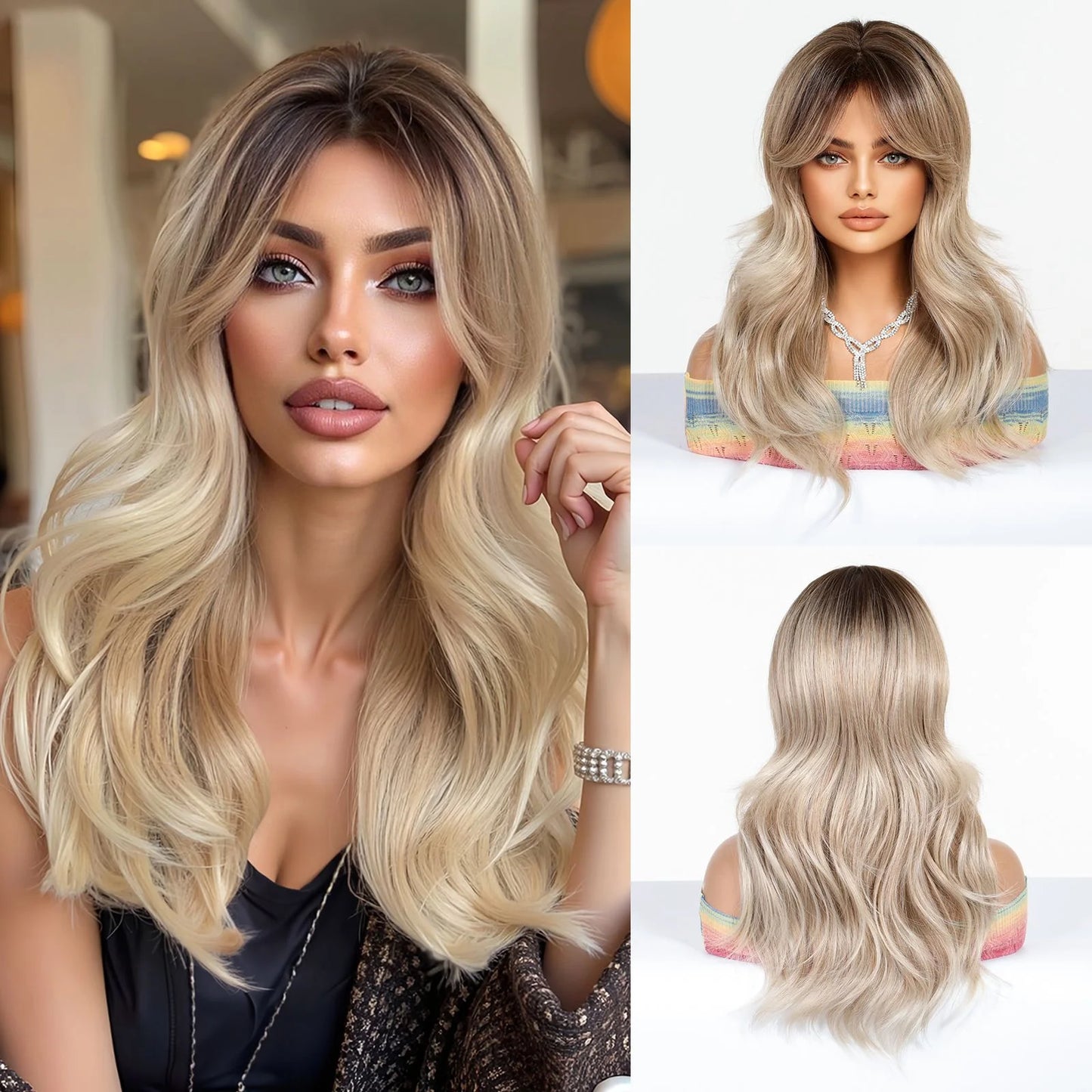 ALAN EATON Rose Gold Blonde Wig With Bangs Ombre Long Body Wave Synthetic Hair Heat Resistant Fiber Natural Looking Party Wigs
