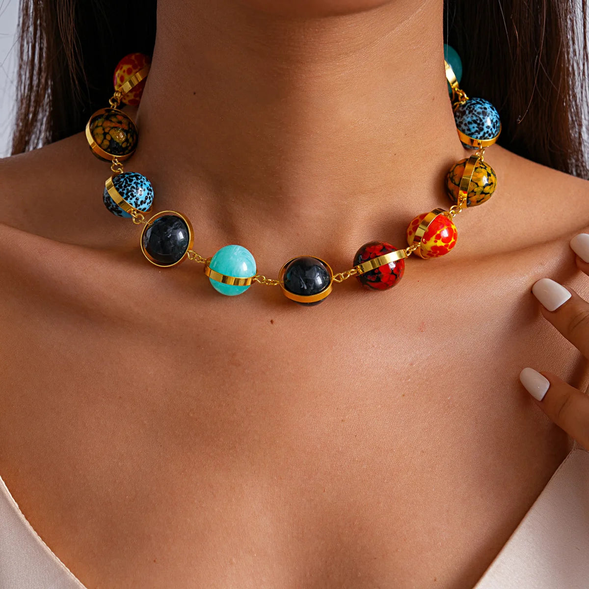 Creative Multi-color Round Ball Acrylic Bead Chokers Necklaces Women Men Gold Color Frame Strand Necklace Statement Jewelry K