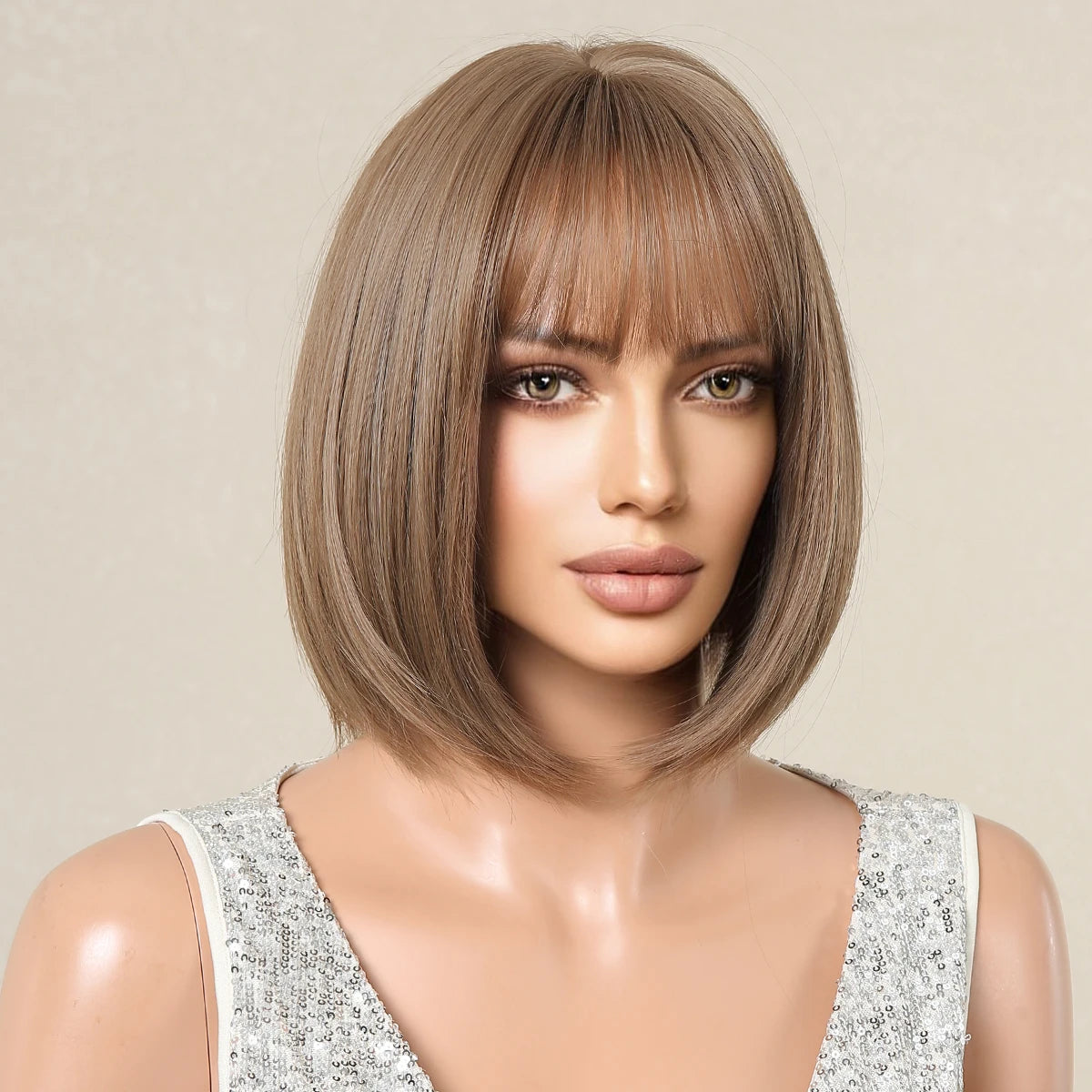 ALAN EATON Short Ombre Brown Synthetic Natural Bob Straight Wigs with Bang for Women Party Daily Use Heat Resistant Fiber