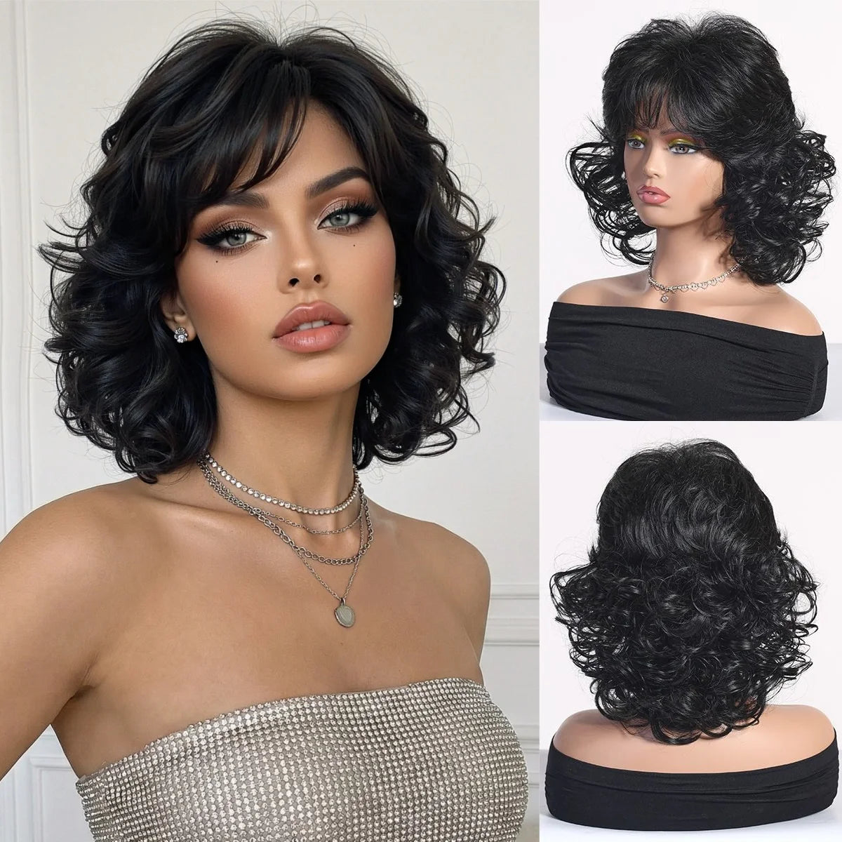 Platinum Blonde Short Wavy Bob Wig with Bangs Heat Resistant Synthetic Fiber Wig for Women Natural Looking Daily Party Cosplay