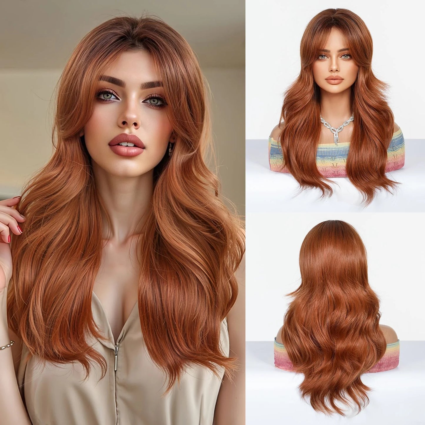 ALAN EATON Rose Gold Blonde Wig With Bangs Ombre Long Body Wave Synthetic Hair Heat Resistant Fiber Natural Looking Party Wigs