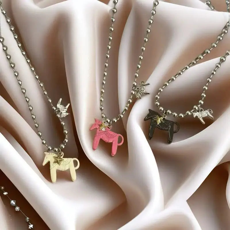 White Black Green Blue Pink Color Enamel Colt Horse Pendant Necklaces for Women Silver Plated Alloy Beads Chain Chokers