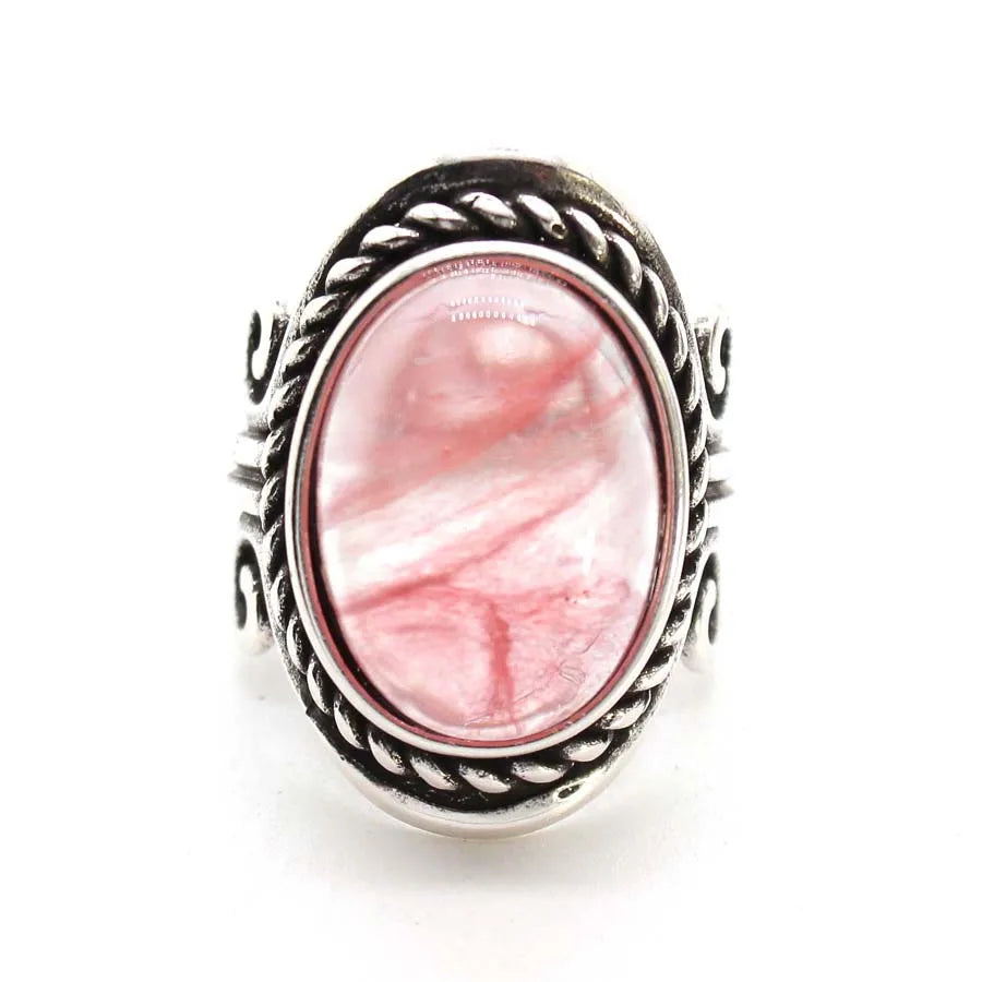 Vintage Crystal Oval Stone Rings For Men Women Natural Rose Quartz Amethyst Onyx Agate Gemstone Adjustable Finger Ring Jewelry