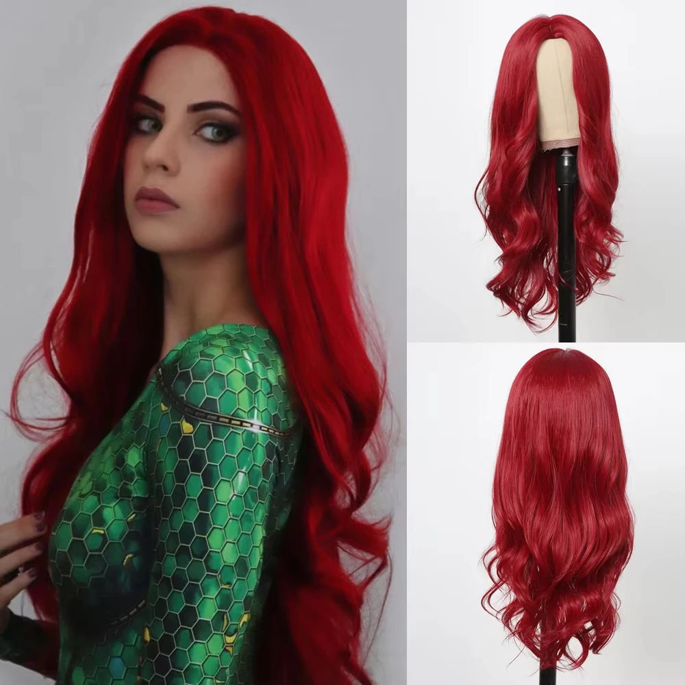 Red Wine Color Synthetic Wig with Long Curly Hair and Bangs for Daily Party Use. Made of High-Temperature Hair Fiber.