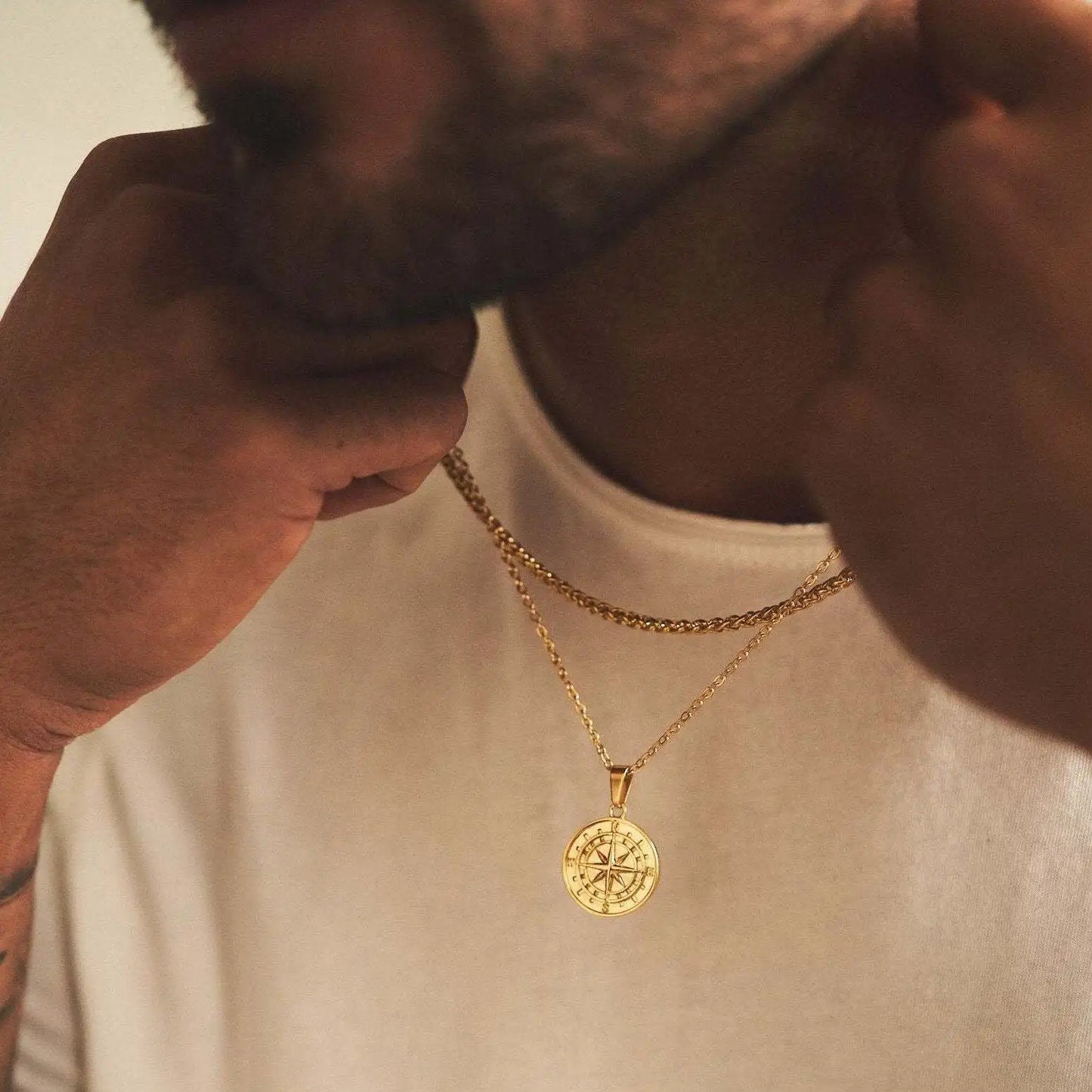 Vnox Compass Necklaces for Men, Layering Stacked Cuban Figaro Chain Necklaces, Casual Sailing Holiday Stainless Steel Boy Collar