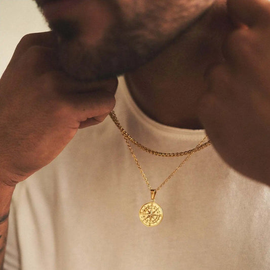 Vnox Compass Necklaces for Men, Layering Stacked Cuban Figaro Chain Necklaces, Casual Sailing Holiday Stainless Steel Boy Collar
