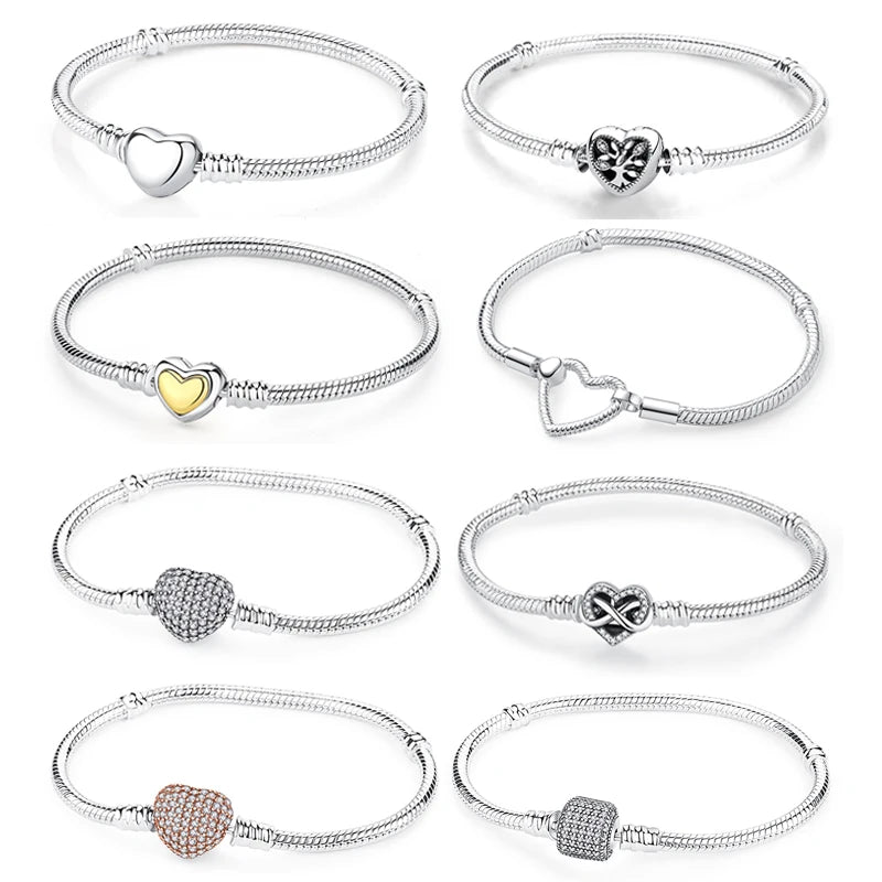 925 Sterling Silver Bracelets Bangles Original Love Heart Clasp Charms Beads Snake Chain Luxury DIY Jewelry For Women Gift
