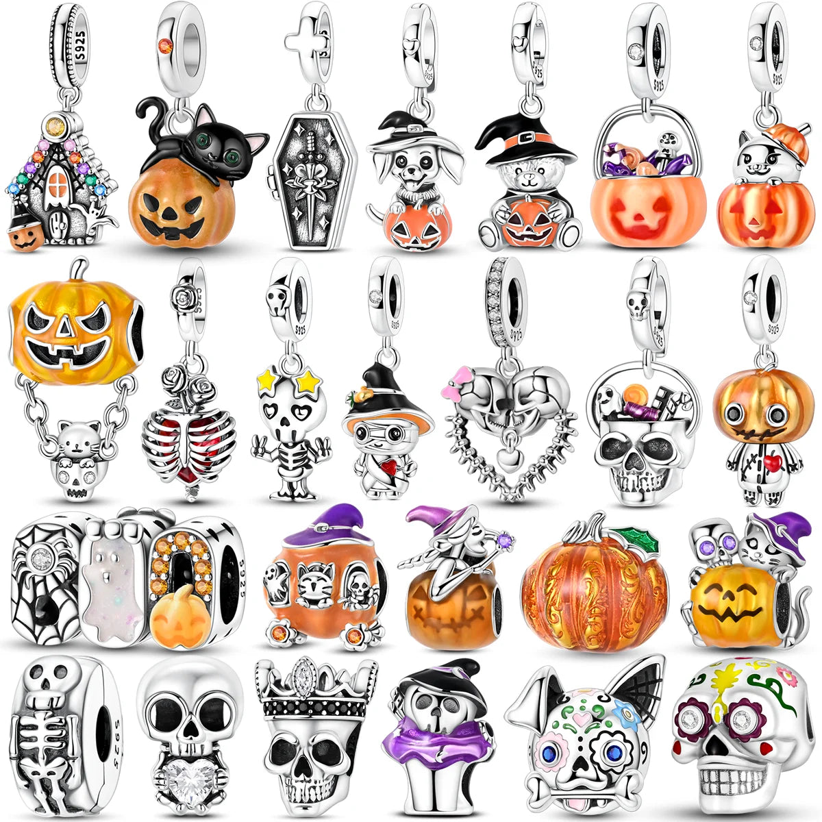 2026 Halloween Skull Charms Bead 925 Sterling Silver Sparkling Zircon Pumpkin Head Dangle Fit Bracelet DIY Jewelry Holiday Gift