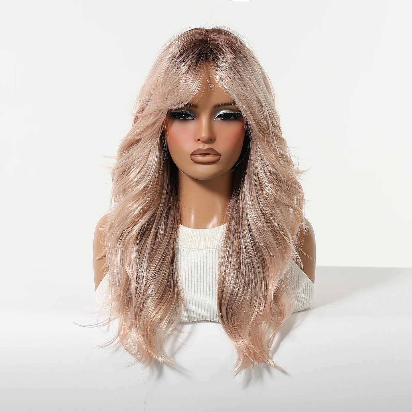 ALAN EATON Rose Gold Blonde Wig With Bangs Ombre Long Body Wave Synthetic Hair Heat Resistant Fiber Natural Looking Party Wigs