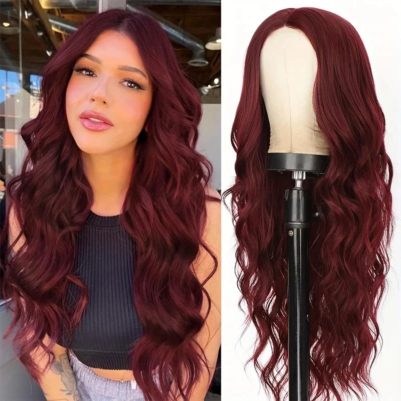 Red Wine Color Synthetic Wig with Long Curly Hair and Bangs for Daily Party Use. Made of High-Temperature Hair Fiber.