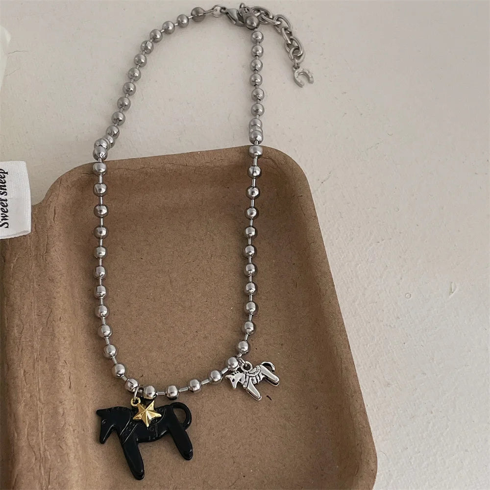 White Black Green Blue Pink Color Enamel Colt Horse Pendant Necklaces for Women Silver Plated Alloy Beads Chain Chokers