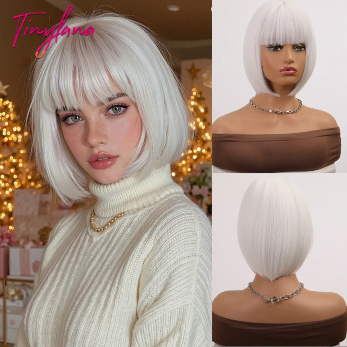 Platinum Blonde Ombre Middle Part Short Straight Bob Synthetic Wig for Women Heat Resistant Hair for Daily Party Cosplay