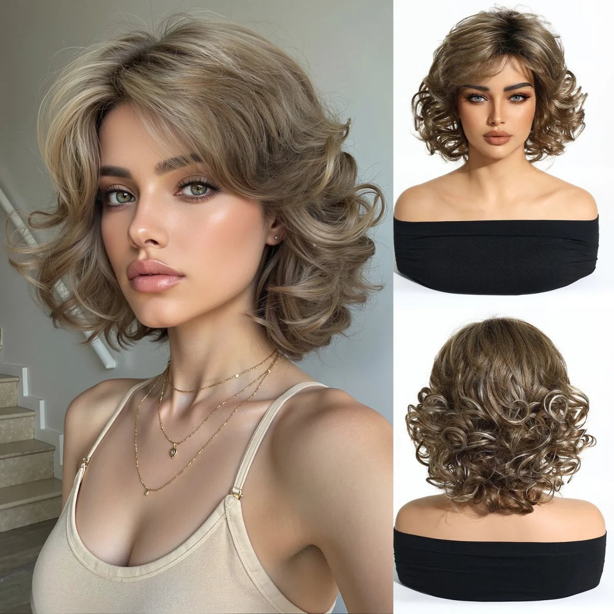 Platinum Blonde Short Wavy Bob Wig with Bangs Heat Resistant Synthetic Fiber Wig for Women Natural Looking Daily Party Cosplay