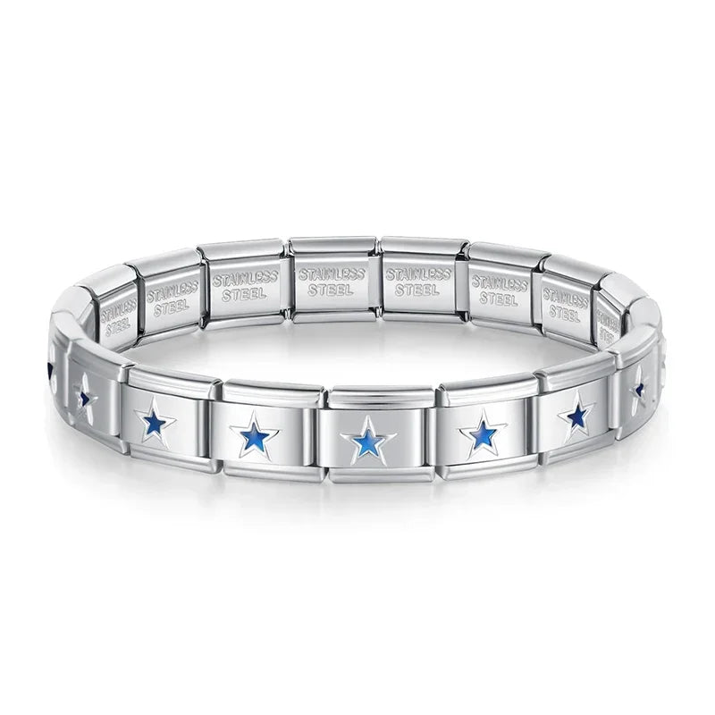 Blue Heart Round STAR Italian Charm Bracelet Fashion Stainless Steel Bangle