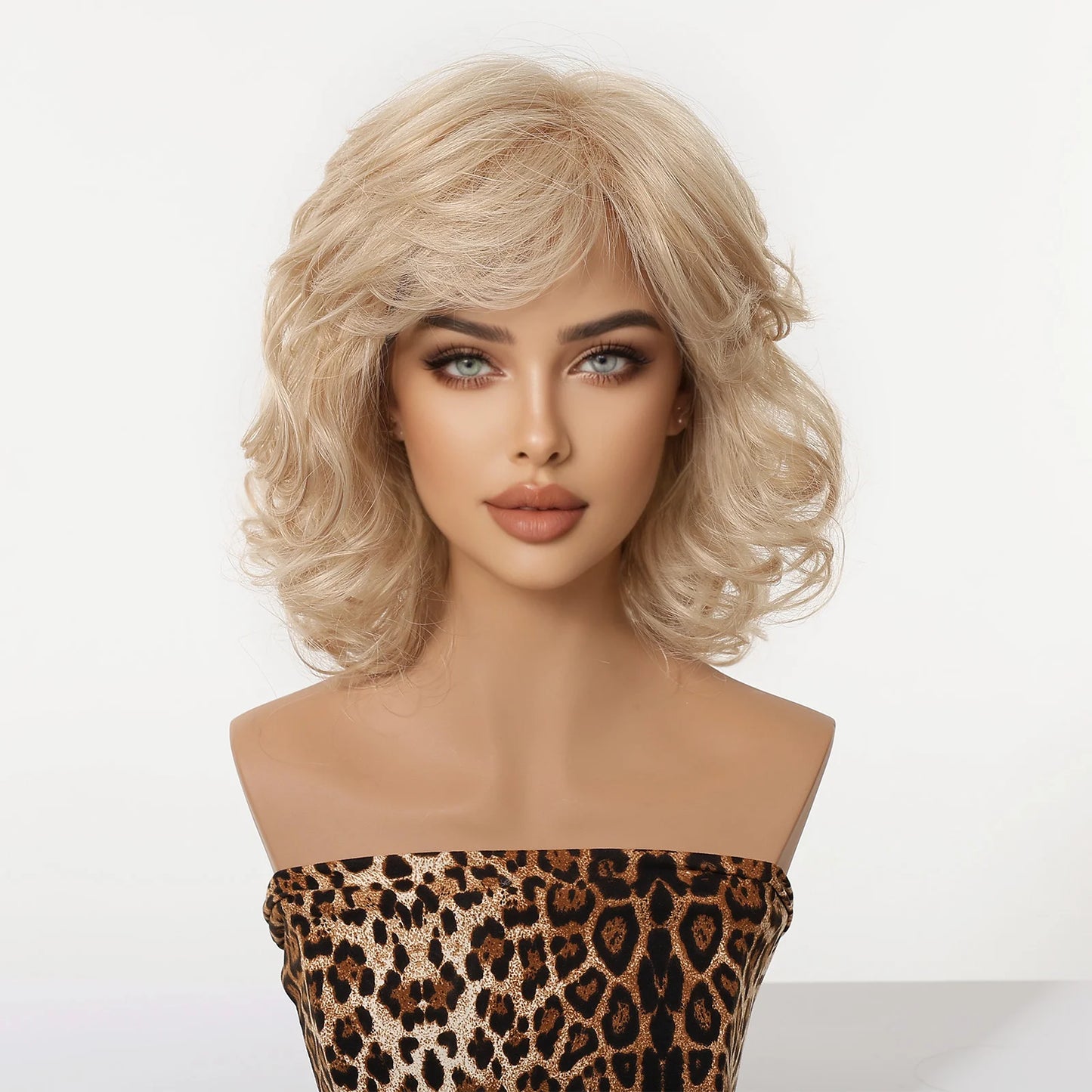 Platinum Blonde Short Wavy Bob Wig with Bangs Heat Resistant Synthetic Fiber Wig for Women Natural Looking Daily Party Cosplay