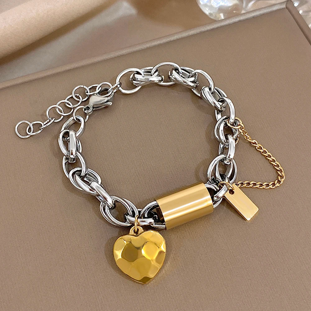 Heart Locket Stainless Steel Charm Bracelet Chunky Gold Plated