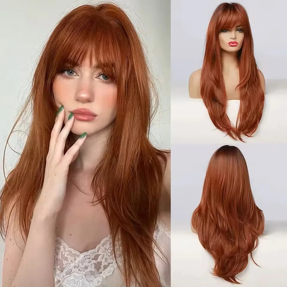 GEMMA Ombre Brown Blonde Long Straight Synthetic Wigs with Bangs Cosplay Wig for Women High Temperature Natural Fake Hair