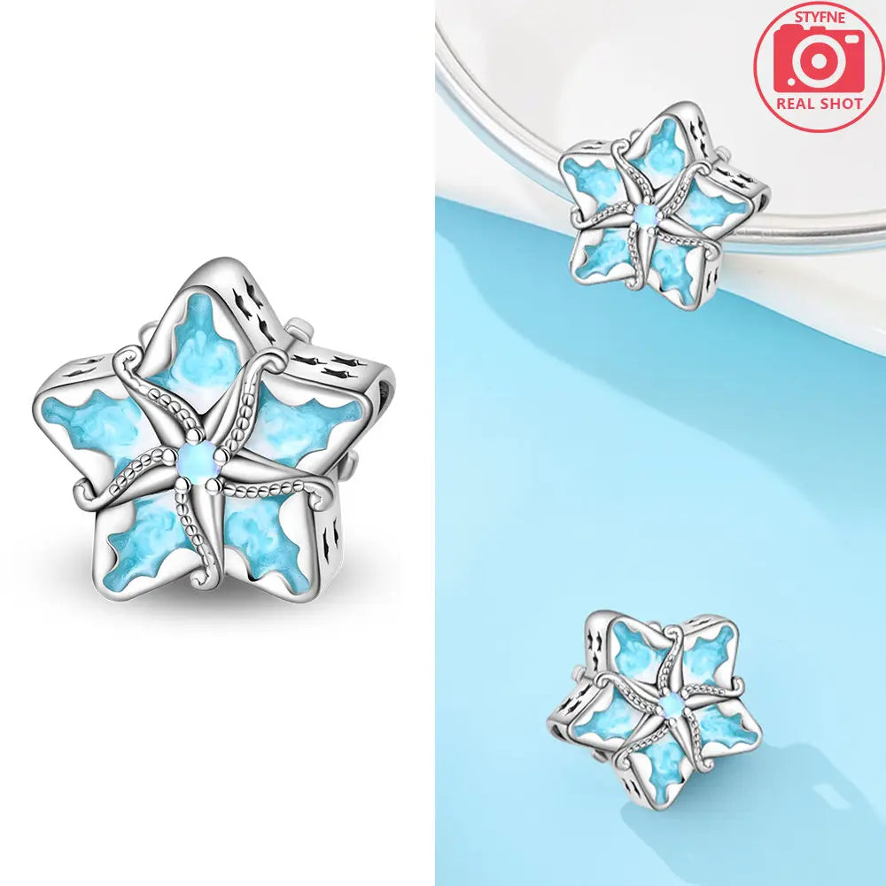 925 Sterling Silver Ocean Series Blue Turtle Starfish Shell Fit Original Bracelet Charms for Women diy Fine Jewelry Gifts